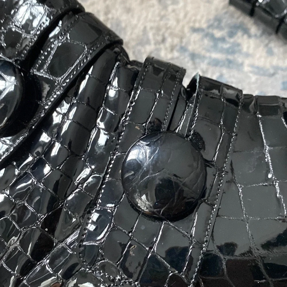 Stuart Weitzman Black Croc Patent Leather Booties 7